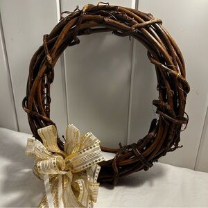 Grapevine Wreath Decorative Brown branch with Gold & White Ribbon